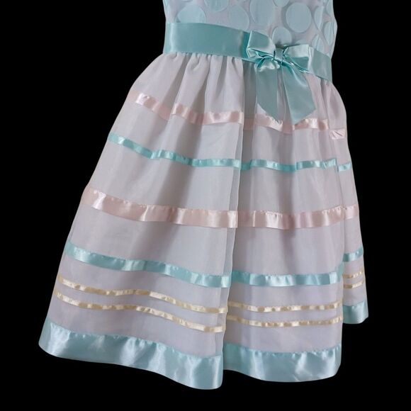 Bonnie Jean Girls Size 6 Easter Dress | Aqua Polka Dot Bow Stripe Spring Formal - Picture 3 of 8